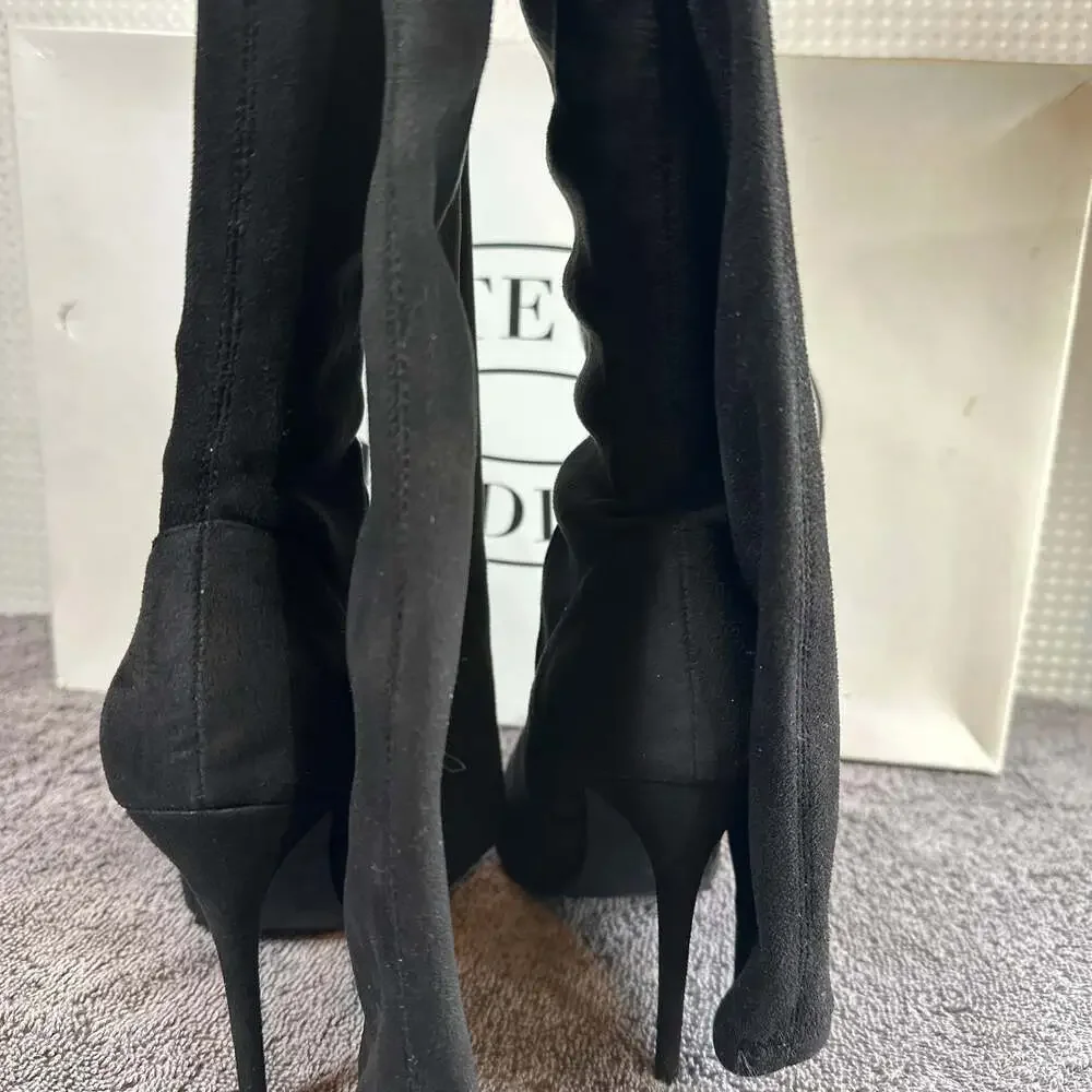 Steve Madden Dominique Black Micro Suede Thigh High Pointed Toe Stiletto Boots